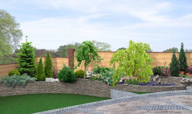Teraslı arka bahçesinde çevre düzenlemesi ve yeşil renkli, 3d render