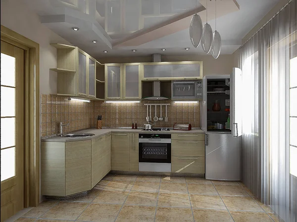 Idéias interiores da cozinha, 3d render — Fotografia de Stock