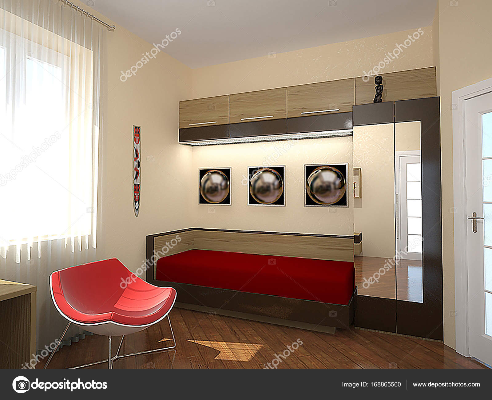De inrichting van de retro stijl van slaapkamer 70s, 3d render ... De inrichting van de retro stijl van slaapkamer 70s, 3d render ...