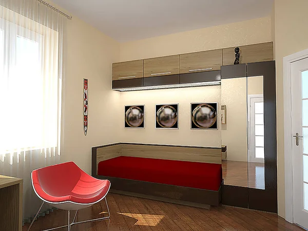 Kamar tidur 70an gaya perabotan retro, 3d render . — Stok Foto