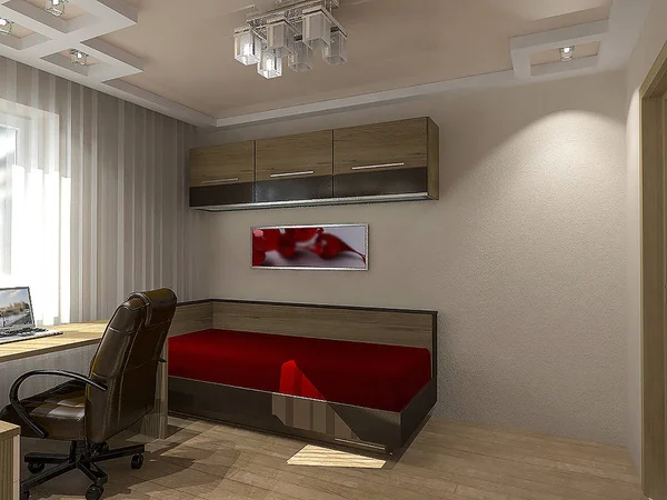 Modern yatak odası iç tasarım fikirleri, 3d çizim.