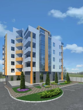 Çok düzeyli lüks ev konut, yeşil 3d illus dikim