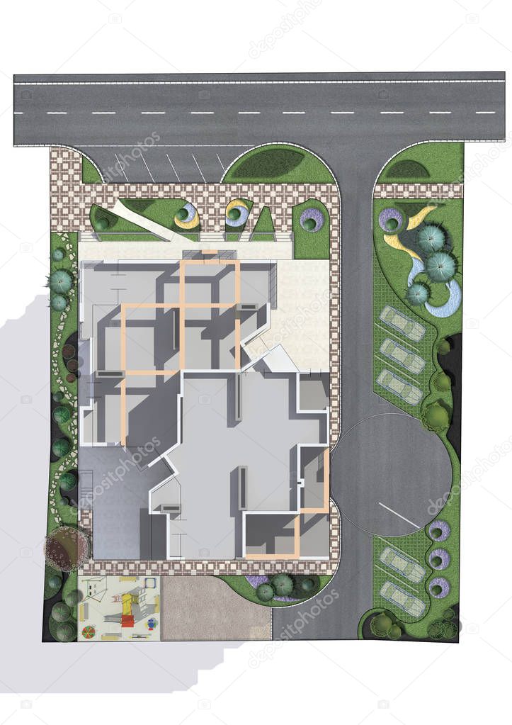 Tenement building site development plan, 3D rendering