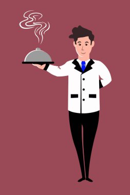Waiter with food tray service sign icon graphic element, vector illustration clipart