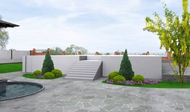 Açık yaşam alanları için bahçe tasarımı boyut ekleme ile üç boyutlu görselleştirme.