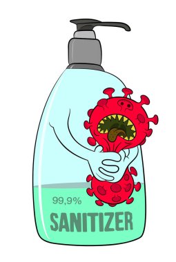 Sanitizer VS coronaviru inspiring cartoon, grotesque vector illustration clipart