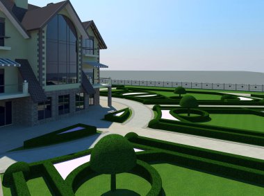 Malikaneye bitişik deniz manzaralı klasik bir manzara, 3 boyutlu.