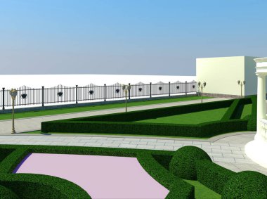 Temiz çizgiler ve keskin açılarla resmi manzara biçiminin 3 boyutlu çizimi