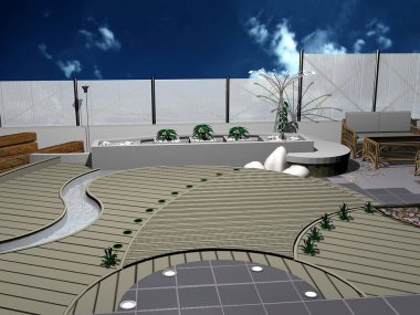 Alfresco teras güvertesi çevresel fikirler 3D görüntüleme.