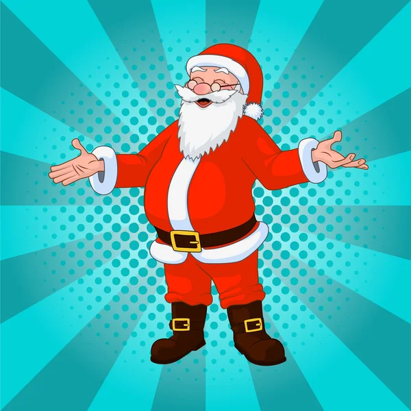Дизайн комикса Санта-Клауса с веселым пухлым красным костюмом на бирюзовом фоне — стоковый вектор