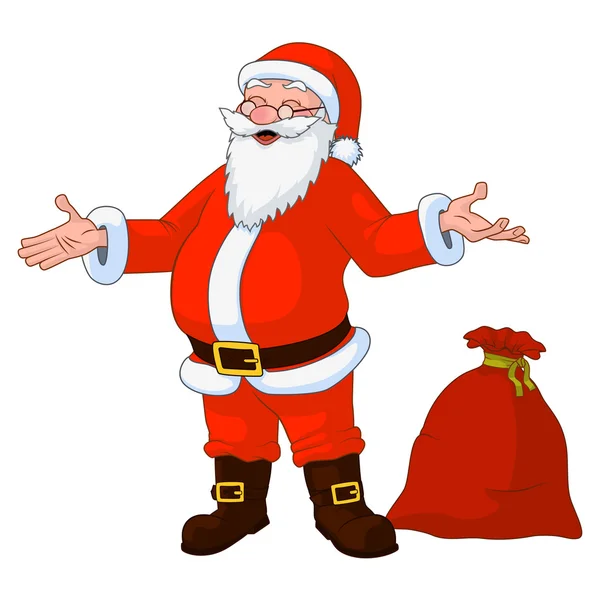 Vektor-Illustration des fröhlichen prallen Weihnachtsmannes mit geschiedenen Händen und einer Tasche voller Geschenke. — Stockvektor