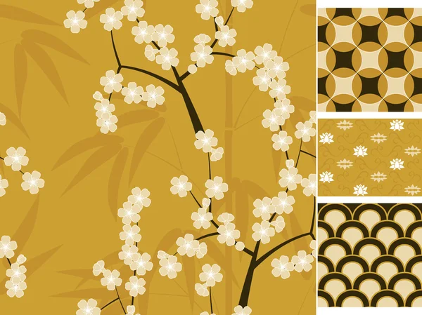 Japanese vector seamless patterns set with bamboo, sakura and traditional ornaments illustration Stock Vector