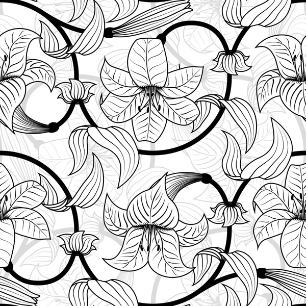 Motif vectoriel sans couture avec des fleurs de lis sur fond blanc. été tropical, couleurs noir et blanc — Image vectorielle