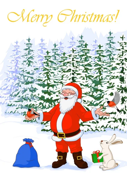 Vector illustratie Postkaart Merry Christmas van vrolijke Kerstman in het forest van de winter met de Goudvink, Haas met doos en de zak vol cadeaus — Stockvector