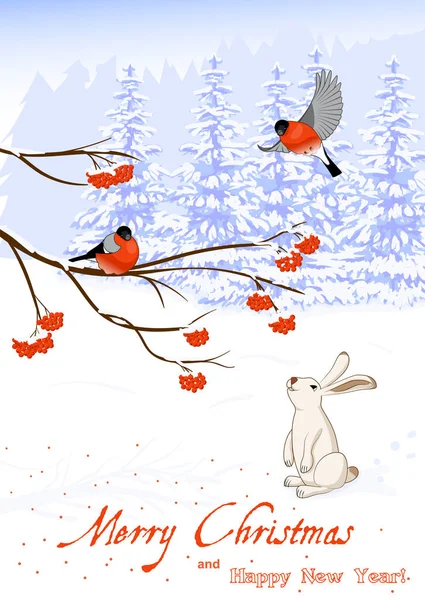 Weihnachts- und Neujahrsgrußkarte mit Gimpel-Vögeln auf einem Vogelbeerenzweig und Weißem Hasen, der im Winterwald Beeren sammelt. Vektorillustration — Stockvektor