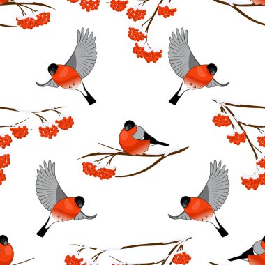 Bullfinches ve rowan, vektör çizim şubesi ile Seamless Modeli.