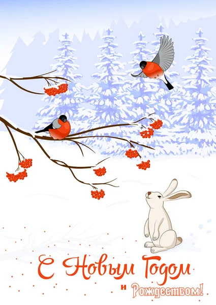 Texte russe Noël et Nouvel An. Carte de voeux avec des oiseaux Bullfinch sur une branche de Rowan Tree et White Hare ramassent des baies dans la forêt d'hiver. Illustration vectorielle — Image vectorielle