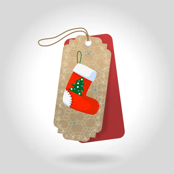 Vektor niedliche Weihnachtsgeschenkanhänger mit Weihnachtssocke und Dekoration Schneeflocken — Stockvektor