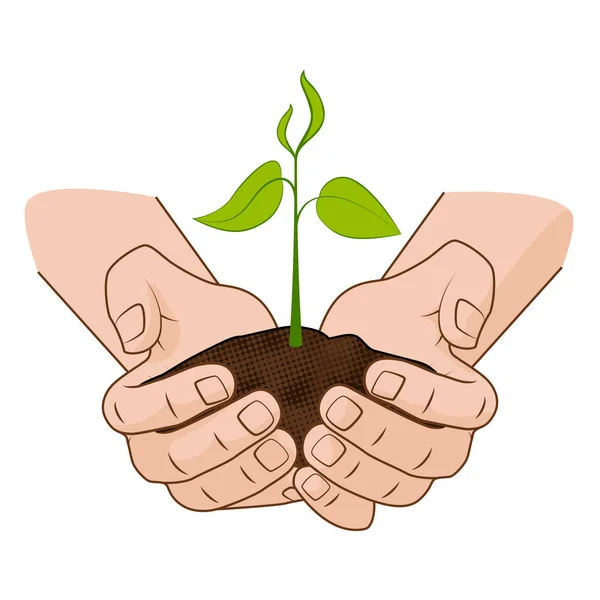 Growing plant in handful soil in hands. Comic style grow business concept web infographics. vector illustration. — Stock Vector