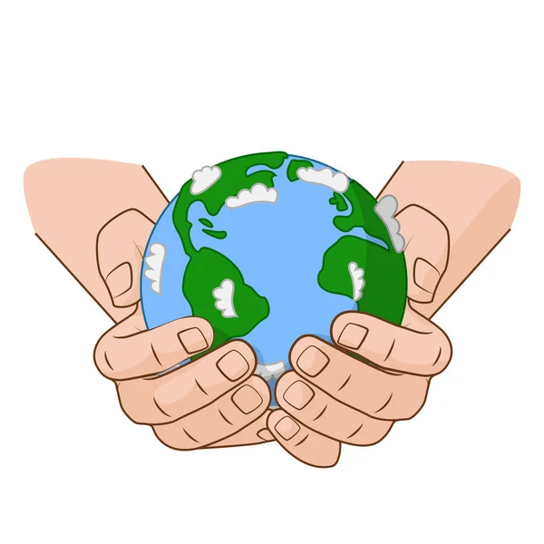 As mãos estão a segurar a Terra pequena. Conceito de ilustração vetorial no Dia da Terra — Vetor de Stock