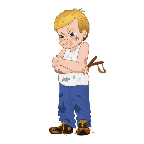 Vector Illustration angry little bully boy face showing grievance emotion. Boy has untidy appearance and holding in his hand a slingshot