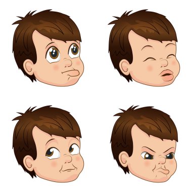 Vektör çizim farklı duygular gösterilen sevimli küçük zorba çocuk yüzleri ayarla