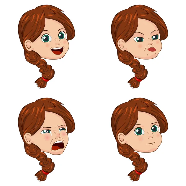 Vektor Illustration Set von niedlichen kleinen Mädchengesichtern, die verschiedene Emotionen zeigen — Stockvektor