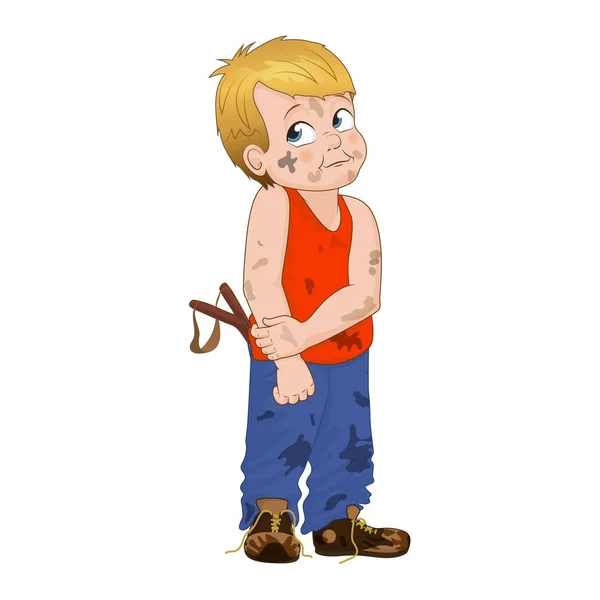 Vector Illustration cunning little bully boy. Boy has untidy appearance and he has in his pocket a slingshot — Stock Vector