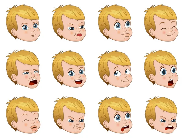 Big set of cute little boy faces showing different emotions vector illustration — Stock Vector