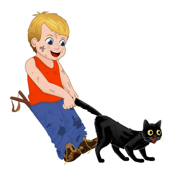 Kinder spielen im Freien, ein lustiger kleiner Junge zieht am Schwanz der schwarzen Katzen. Lustige Zeichentrickfigur. Vektorillustration — Stockvektor