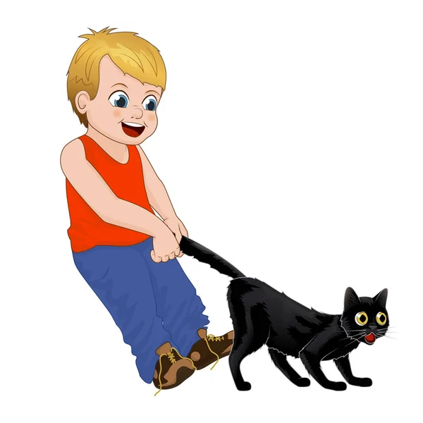 Kinderen spelen buiten, hoodlum vrolijk jongetje trekt de staart van de zwarte katten. Grappige cartoon karakter. Geïsoleerde vectorillustratie — Stockvector