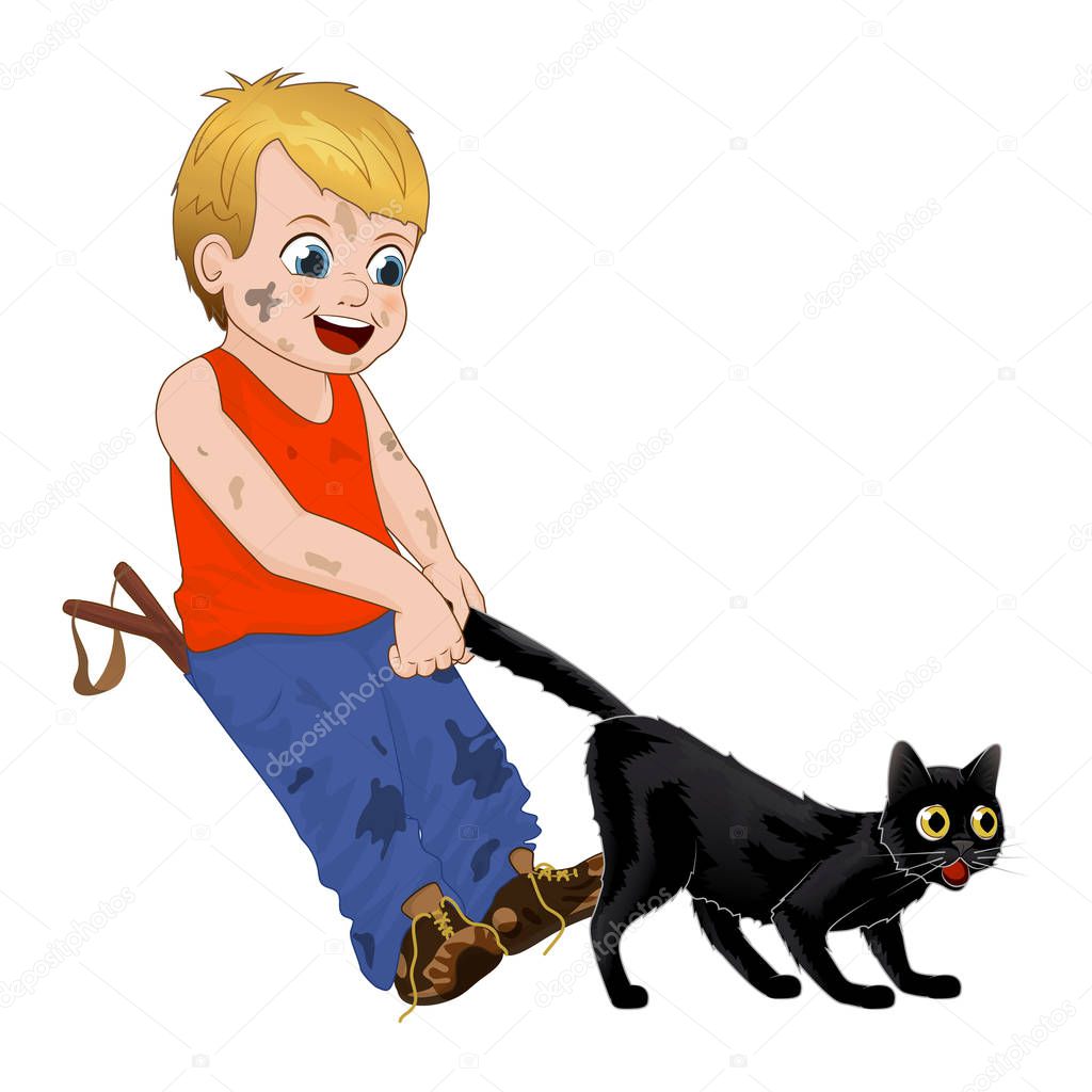 Children play outdoors, hoodlum cheerful little boy pulls the black cats tail. Funny cartoon character. Vector illustration