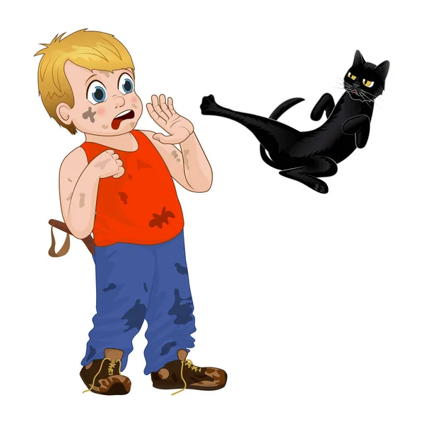 Τα παιδιά παίζουν σε εξωτερικούς χώρους, μάγκας εύθυμο μικρό αγόρι φοβάται τη μαύρη γάτα. Αστεία κινούμενα σχέδια χαρακτήρα. Εικονογράφηση διάνυσμα — Διανυσματικό Αρχείο
