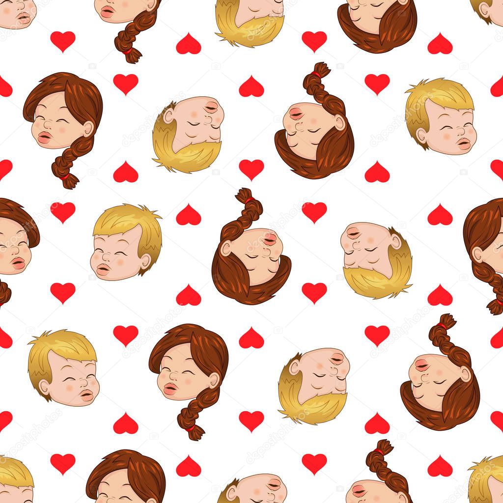 Seamless pattern of kissing boy and girl. Liking hearts envelops them. Vector illustration