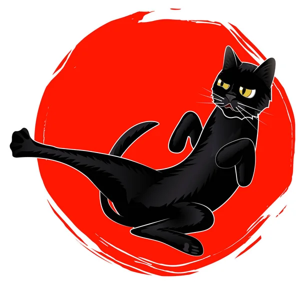 Vector Cute Karate Black Cat on Red Sun logo — Stock Vector