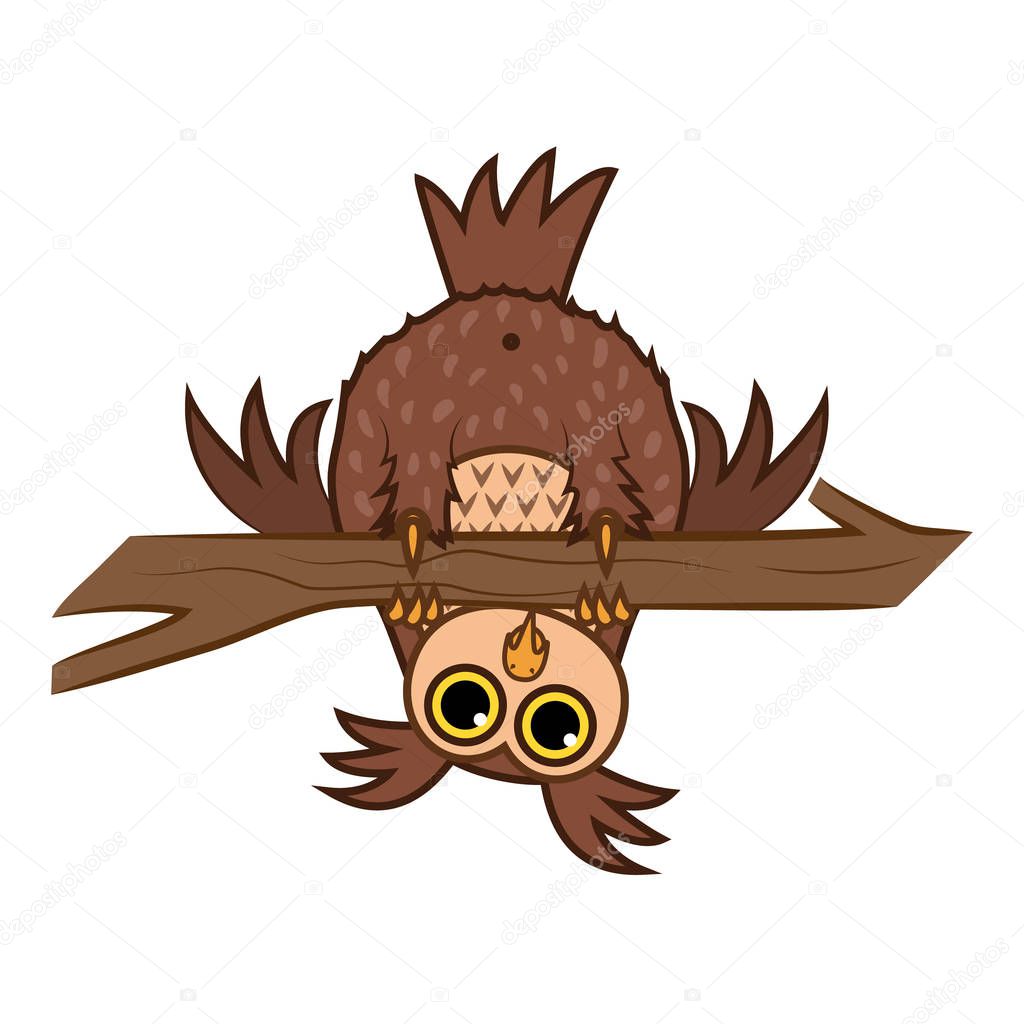 Set isolated Emoji character cartoon curious owl hanging upside down on a branch. Vector Illustrations