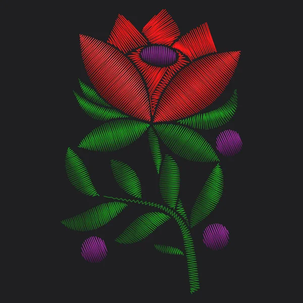 Vektor illustrationer röd blomma rosor broderi på svart bakgrund. — Stock vektor