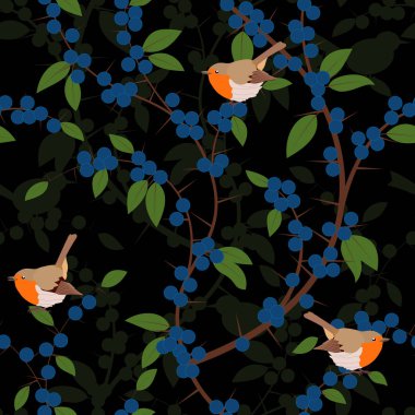 Karaçalı çilek ve robin kuşlar seamless modeli