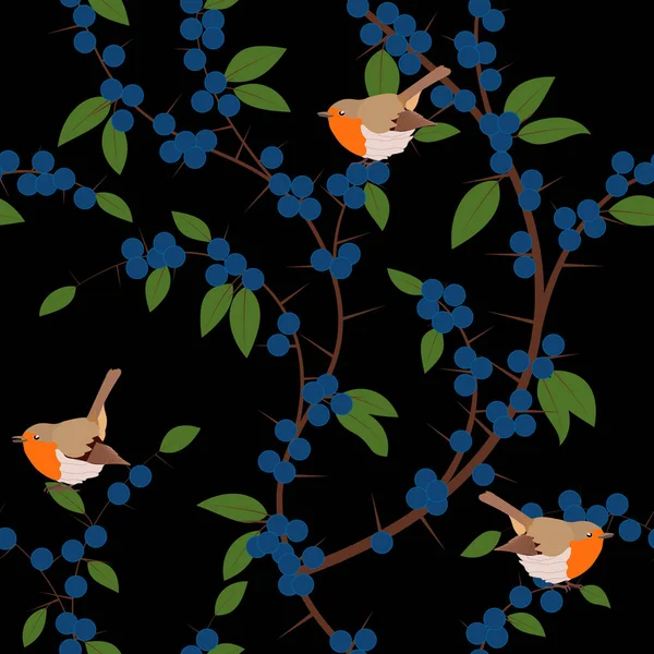 Seamless pattern of Blackthorn berries and robin birds