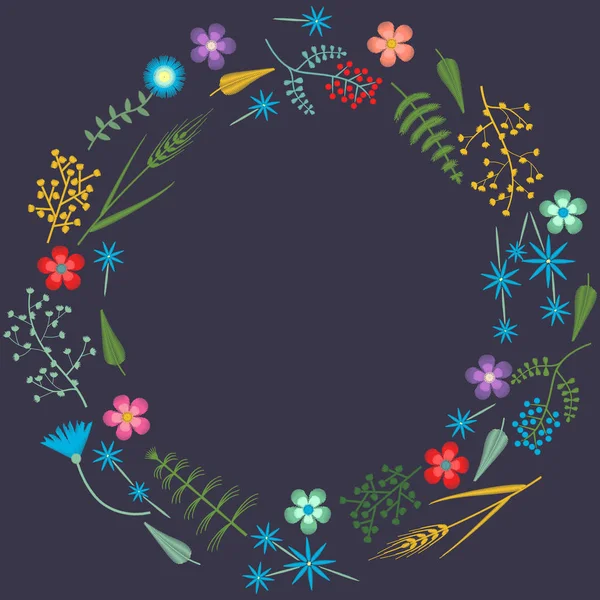 Vector Embroidery frame pattern with Forest plants and Field wildflowers. — Stock Illustration Vector Embroidery frame pattern with Forest plants and Field wildflowers. Stock Vector