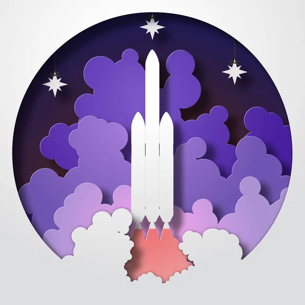 Space Rocket opstarten. Papier knippen stijl. Vectorillustratie — Stockvector