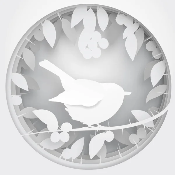 Scatola di carta da ombra a uccello sul ramo dell'albero del biancospino, illustrazione vettoriale . — Vettoriale Stock
