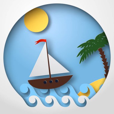 Kağıt Sanat yelkenli tekne tropikal deniz float. Vektör çizim