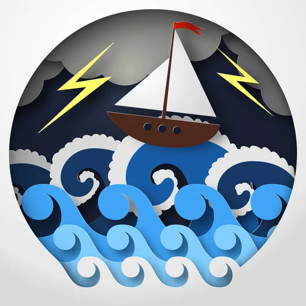 海と嵐、コンセプト アート、ベクトル図でサンダー ボルトに対する船の論文抄録. — ストックベクタ