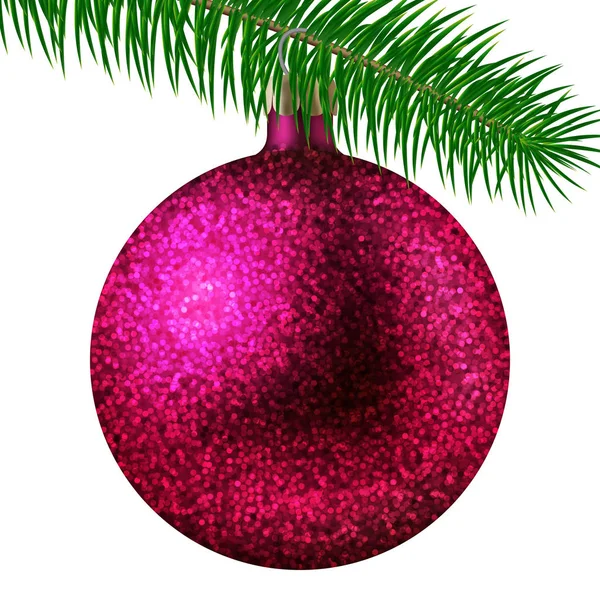 Realistische rosa Weihnachtskugel oder Christbaumkugel mit Glitzerfunkeln und Tannenzweig isoliert auf weißem Hintergrund. Vektorillustration — Stockvektor