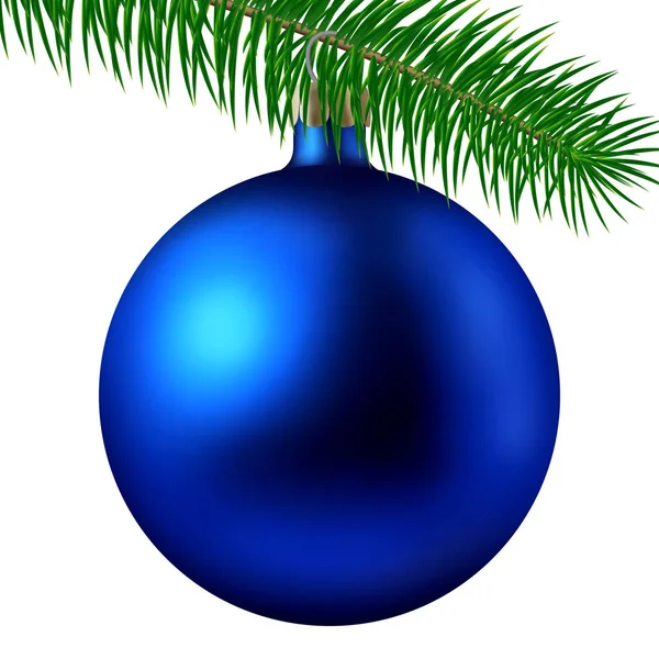 Realistisch blau matte Weihnachtskugel oder Christbaumkugel mit Tannenzweig isoliert auf weißem Hintergrund. Vektorillustration — Stockvektor