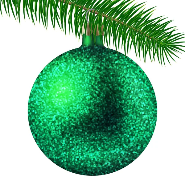 Realistische grüne Weihnachtskugel oder Christbaumkugel mit Glitzerfunkeln und Tannenzweig isoliert auf weißem Hintergrund. Vektorillustration — Stockvektor