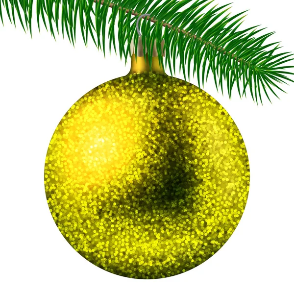 Realistische gelbe Weihnachtskugel oder Christbaumkugel mit Glitzerfunkeln und Tannenzweig isoliert auf weißem Hintergrund. Vektorillustration — Stockvektor