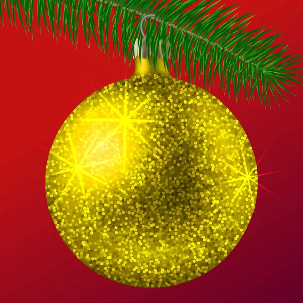 Realistische gouden kerst bal of Kerstbal met glitter schittert en Spar tak op rode achtergrond. Vectorillustratie — Stockvector