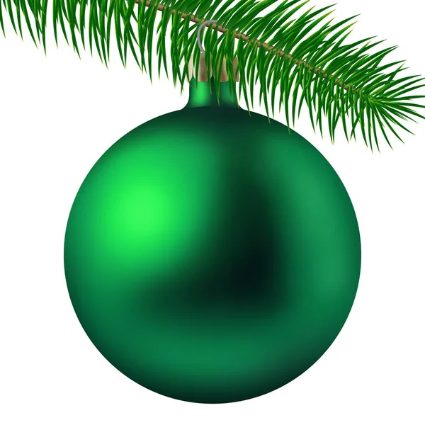 Realistische grüne matte Weihnachtskugel oder Christbaumkugel mit Tannenzweig isoliert auf weißem Hintergrund. Vektorillustration — Stockvektor